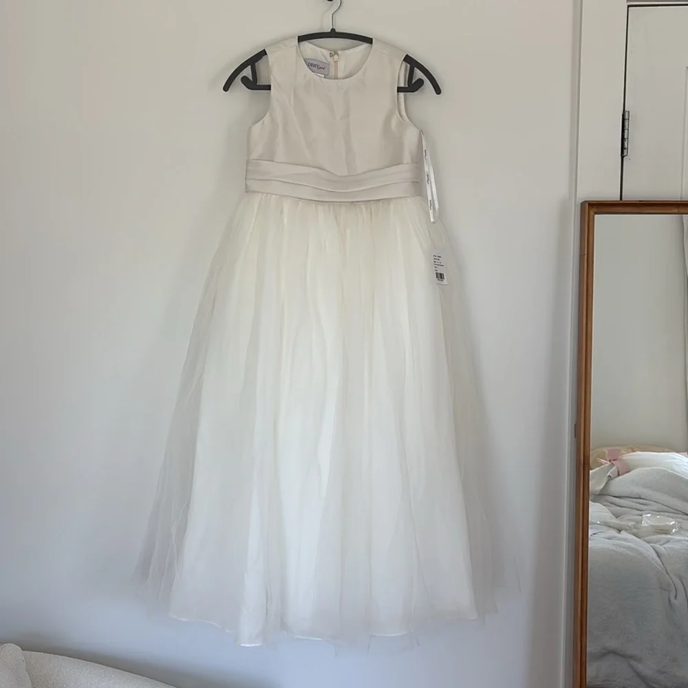 NWT Dessy Girl ivory flower girl dress size 14 satin tulle sash bow